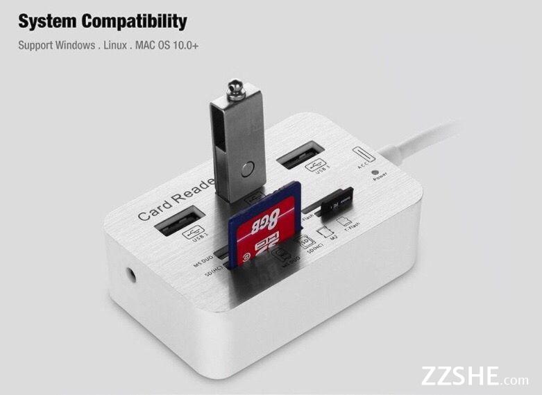 Aluminum 3 Port USB 3.0 Hub MS SD M2 TF Memory Card Reader Adapter