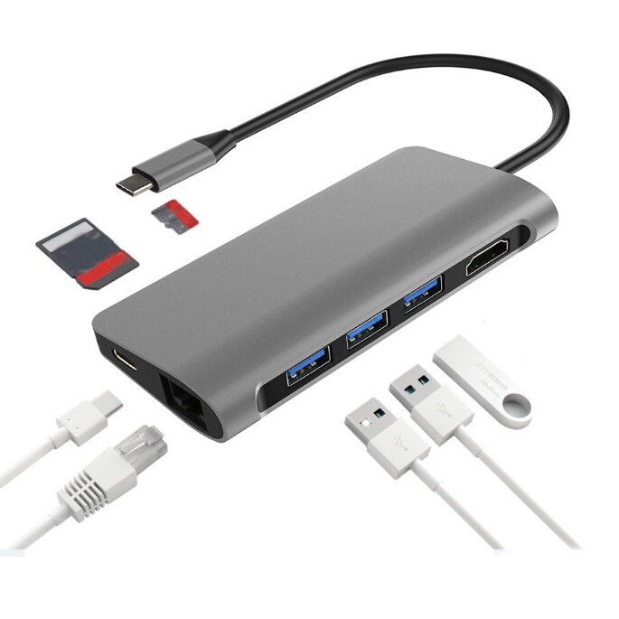 8 in 1 USB-C Hub Multifunctional dongle USB Type c Hub with HDM I + USB3.0 X 3 + SD + TF + RJ45 + PD