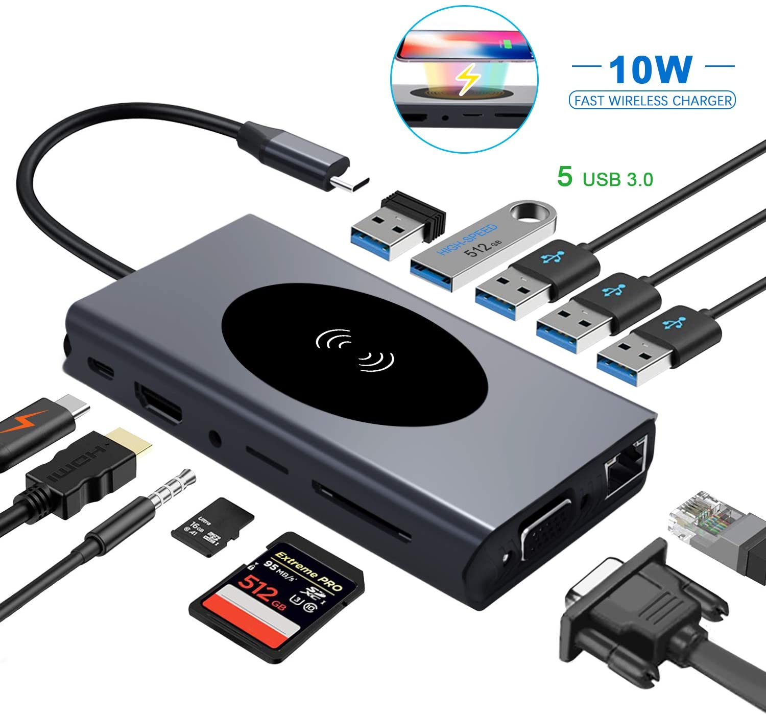 USB C Hub Laptop Docking Station, Wireless Charger 13-in-1 USB C Adapter with Ethernet, Power Delivery Laptop with 4K HDMI Output, 1000M RJ45 Ethernet, 60W PD, VGA, 5 USB 3.0 Ports, SD/TF Card Reader
