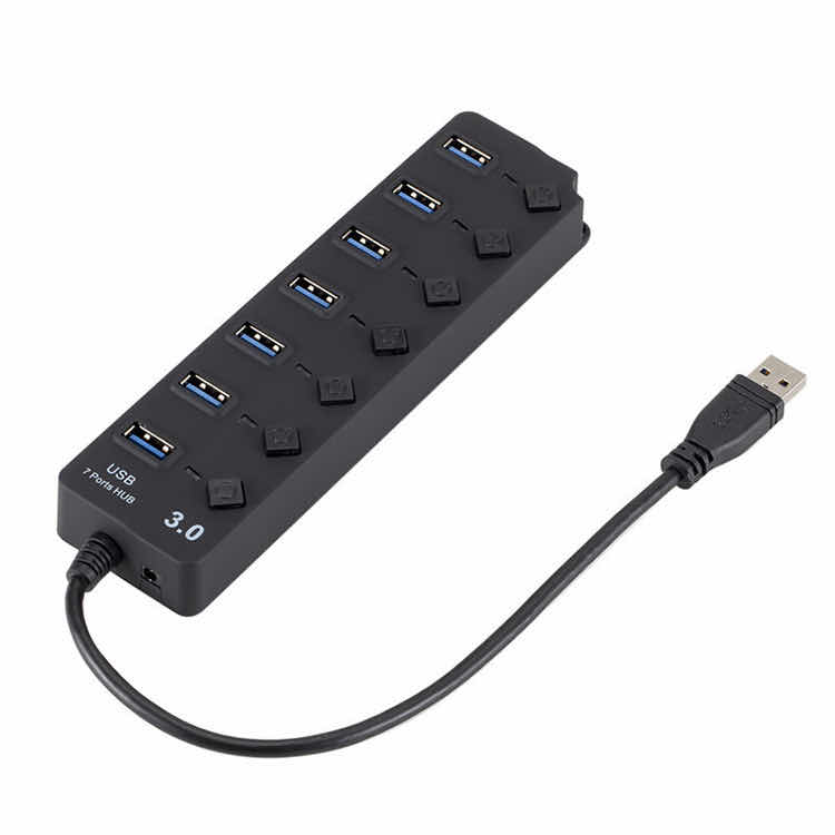 Super Speed 7-Port USB Data Hub with Individual On/Off Switches and Power LED