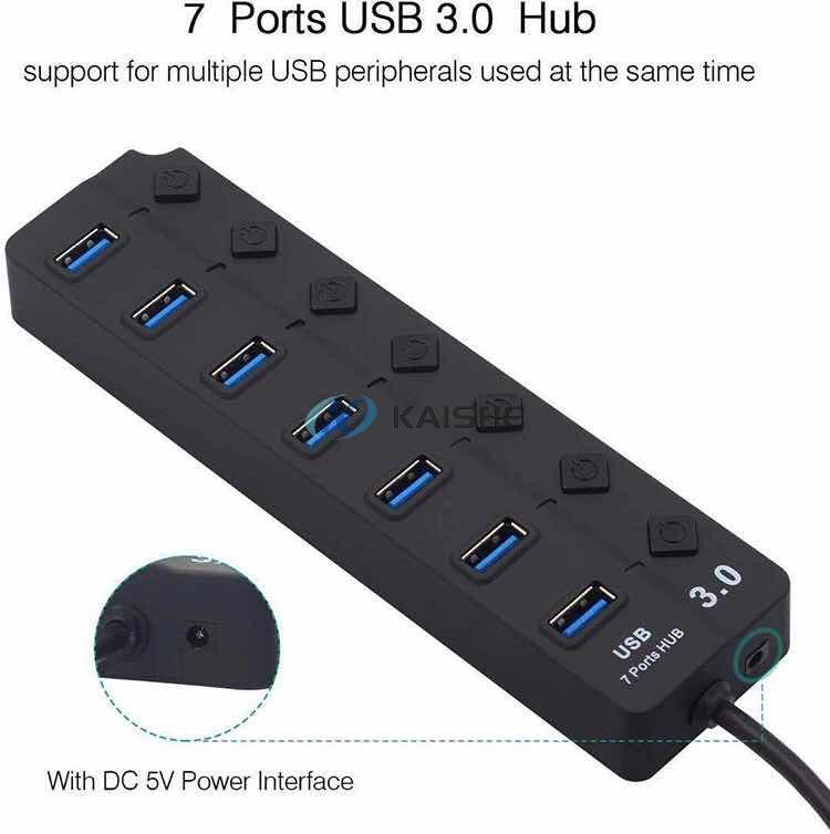 Super Speed 7-Port USB Data Hub with Individual On/Off Switches and Power LED