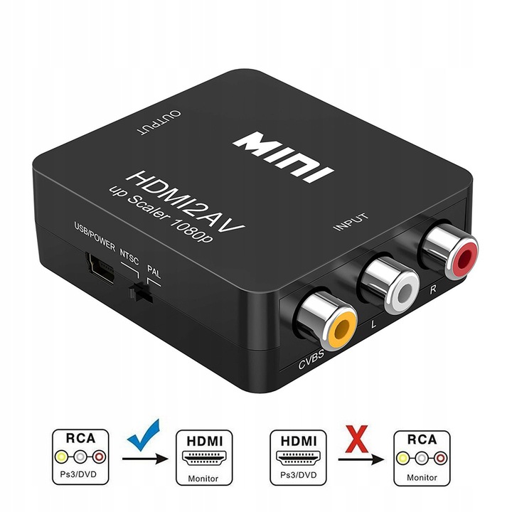 1080P Mini RCA Composite CVBS AV to HDMI Video Audio Converter Adapter Supporting PAL/NTSC with USB Charge Cable 