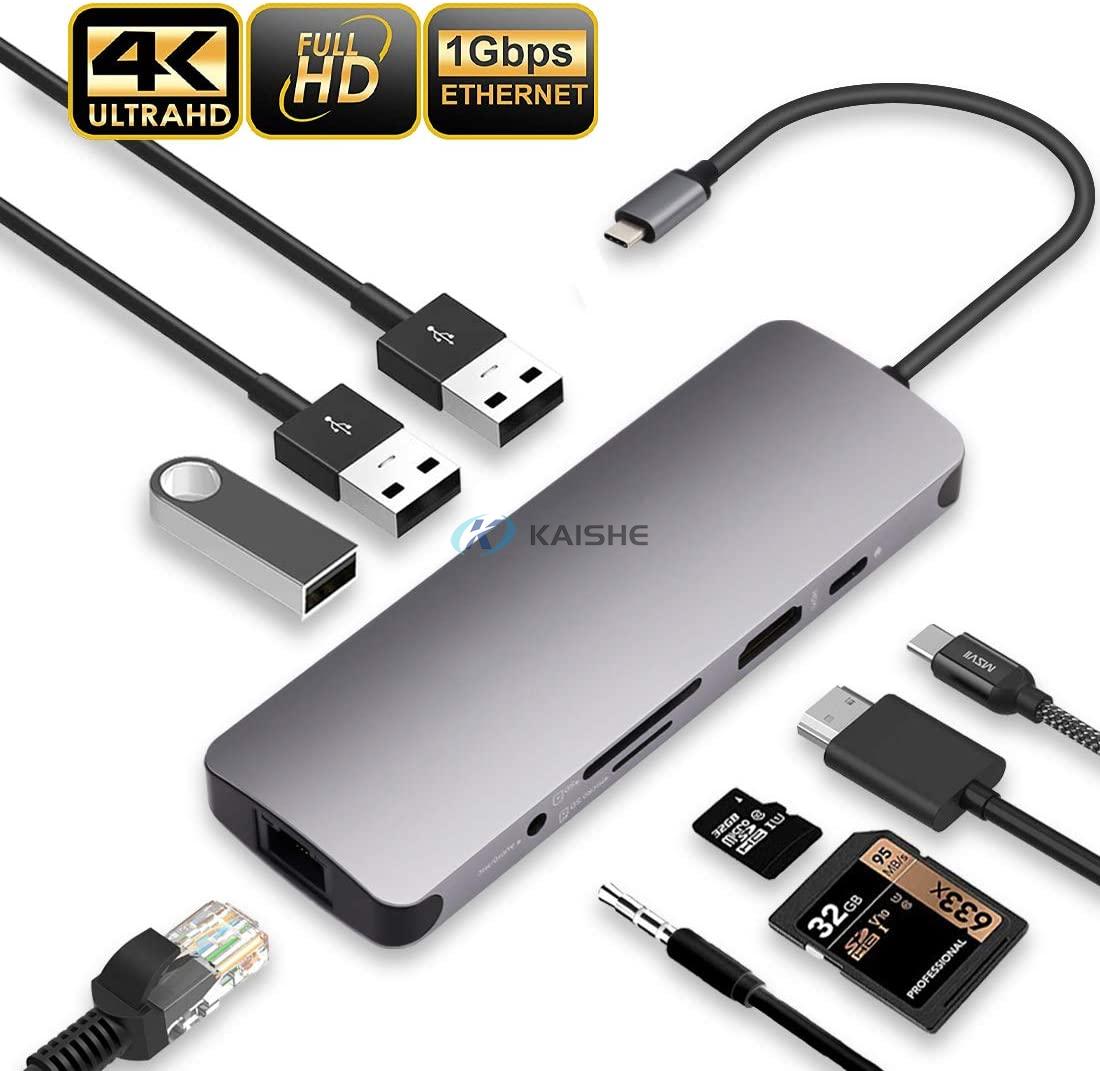 USB C Hub 9 in 1 Multi-Port USB C Docking Station Laptop Adapter with Charging Power, Audio, 4K HDMI, VGA,Gigabit Ethernet,Micro/SD Card Reader 