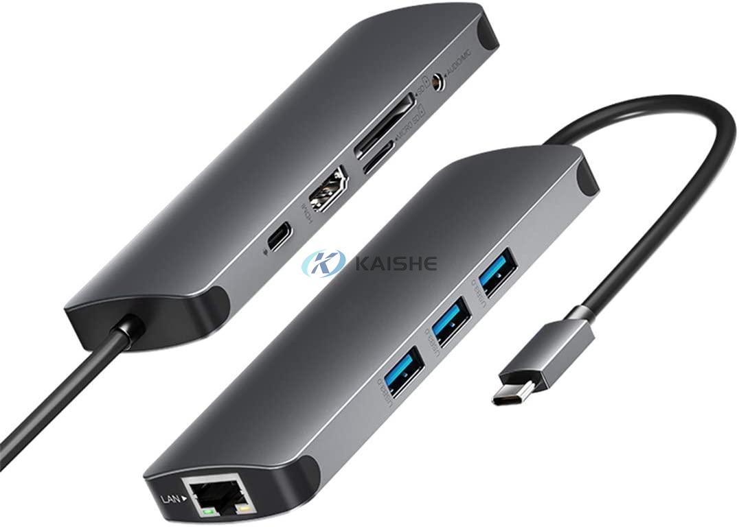 USB C Hub 9 in 1 Multi-Port USB C Docking Station Laptop Adapter with Charging Power, Audio, 4K HDMI, VGA,Gigabit Ethernet,Micro/SD Card Reader 