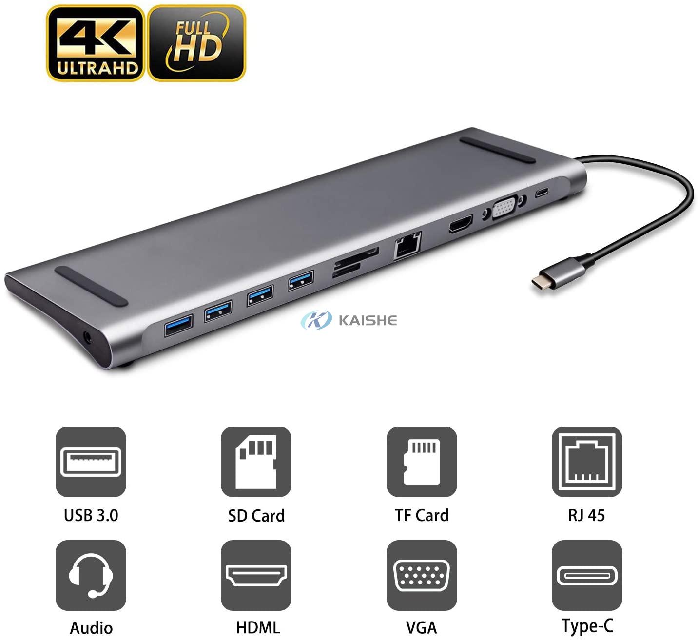 USB C Hub 11 in 1 Laptop Docking Station with Gigabit Ethernet, USB-C Power Delivery, 4 USB 3.0, 4K HDMI, VGA, Audio Mic Port, SD/TF Card Reader 
