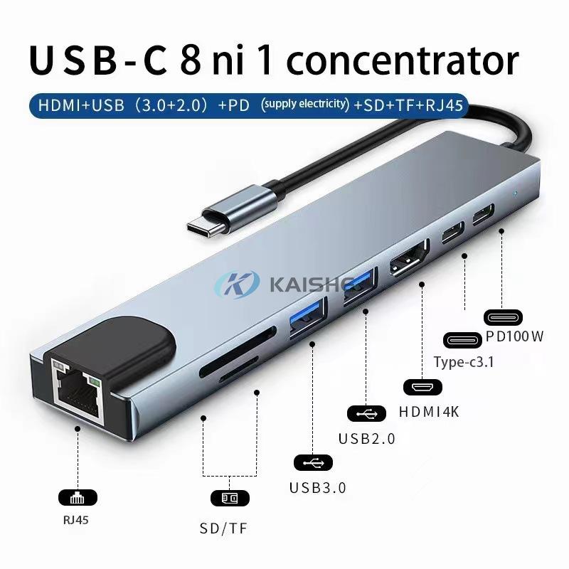 8 in 1 USB C Adapter with 4K HDMI, 87W PD, USB C Port, USB 3.0, RJ45 Ethernet, SD/TF Card Reader, Docking Station